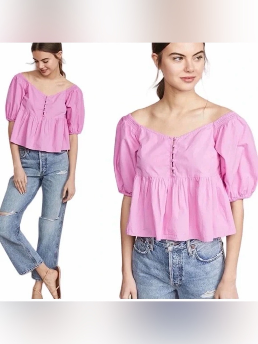 Free People Veronica Pink Puff Sleeve Off-the-Shoulder Blouse